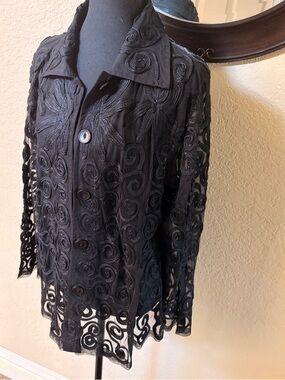 Black Lace Overlay Button-Front Blazer Jacket